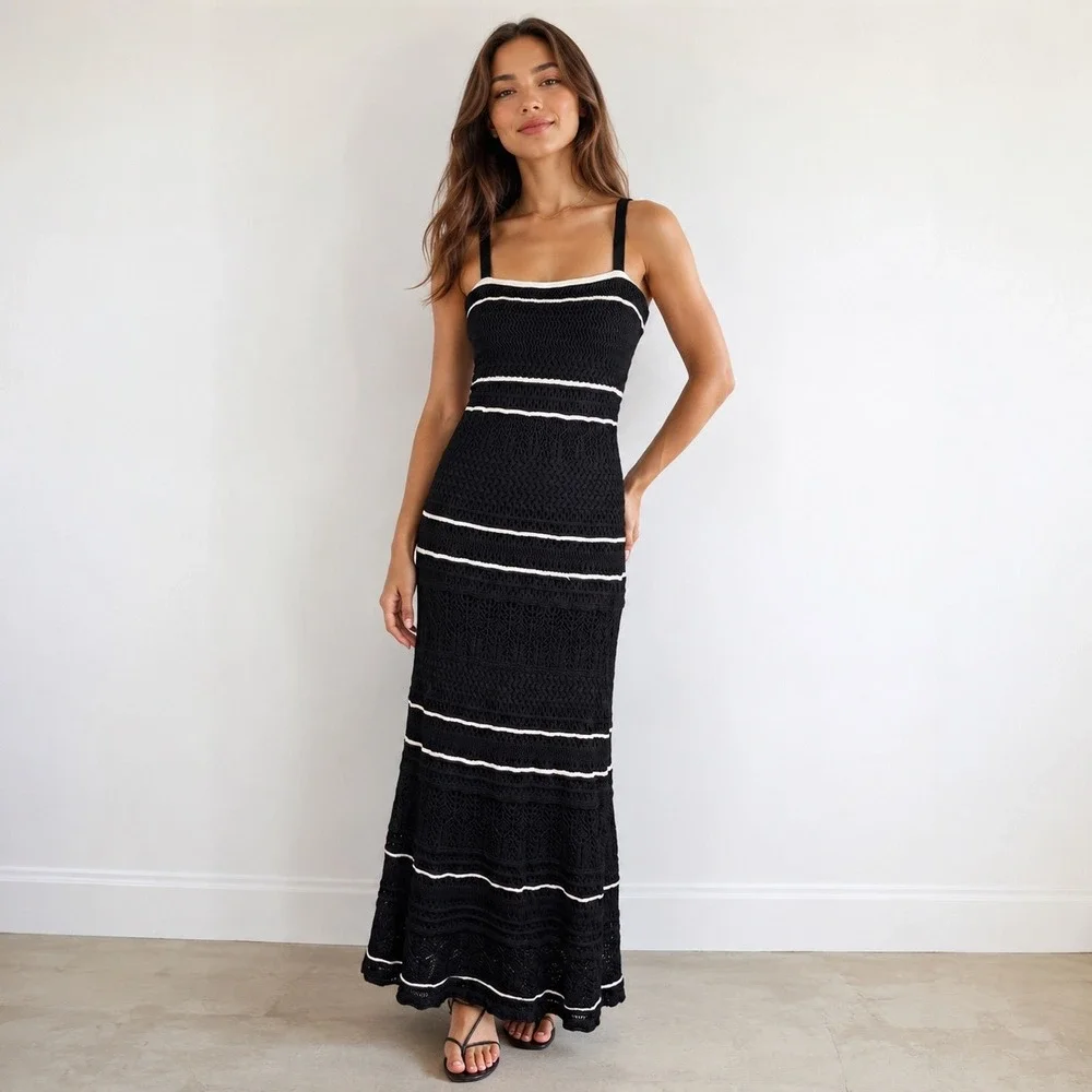 Abercrombie & Fitch Crochet Maxi Dress Womens M Black White Stripe Beach Resort